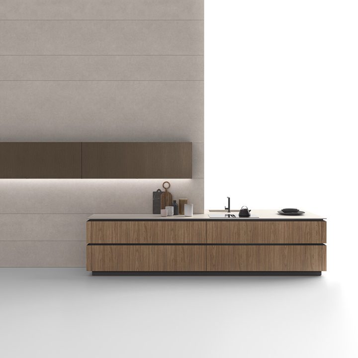 Cuisine contemporaine au design epure en effet bois noyer avec poignee a gorge Logica