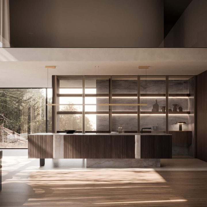 Cuisine de luxe en bois cannelé et pierre Vertical 1