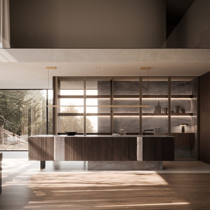 Cuisine de luxe en bois cannelé et pierre Vertical 1