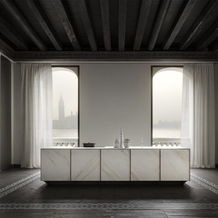 Cuisine de luxe en marbre avec cadre bois Frame Lab à Montpellier 2