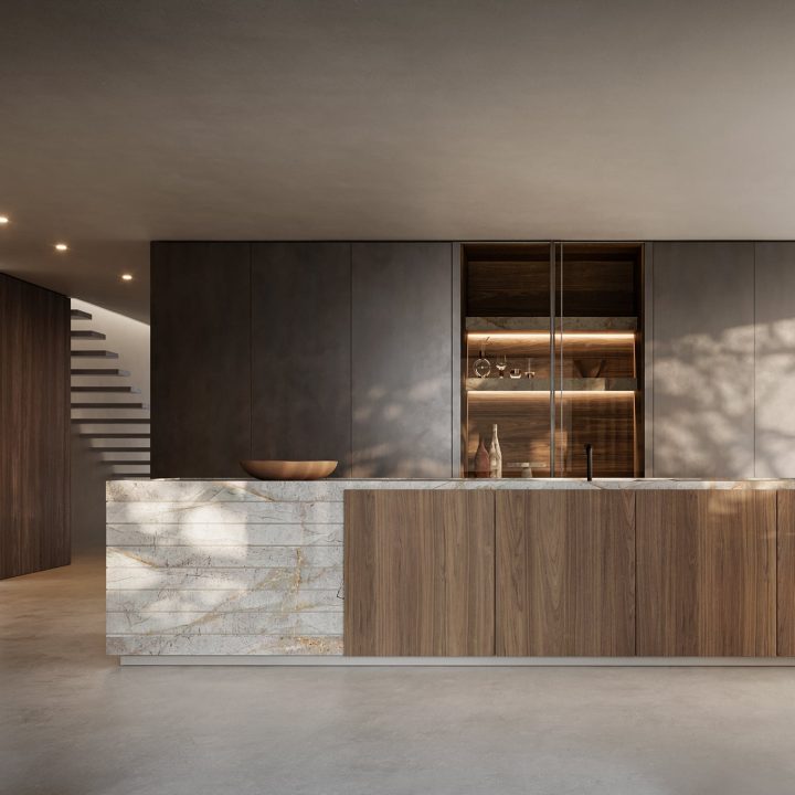 Cuisine haut de gamme en pierre naturelle métal et bois Art 1